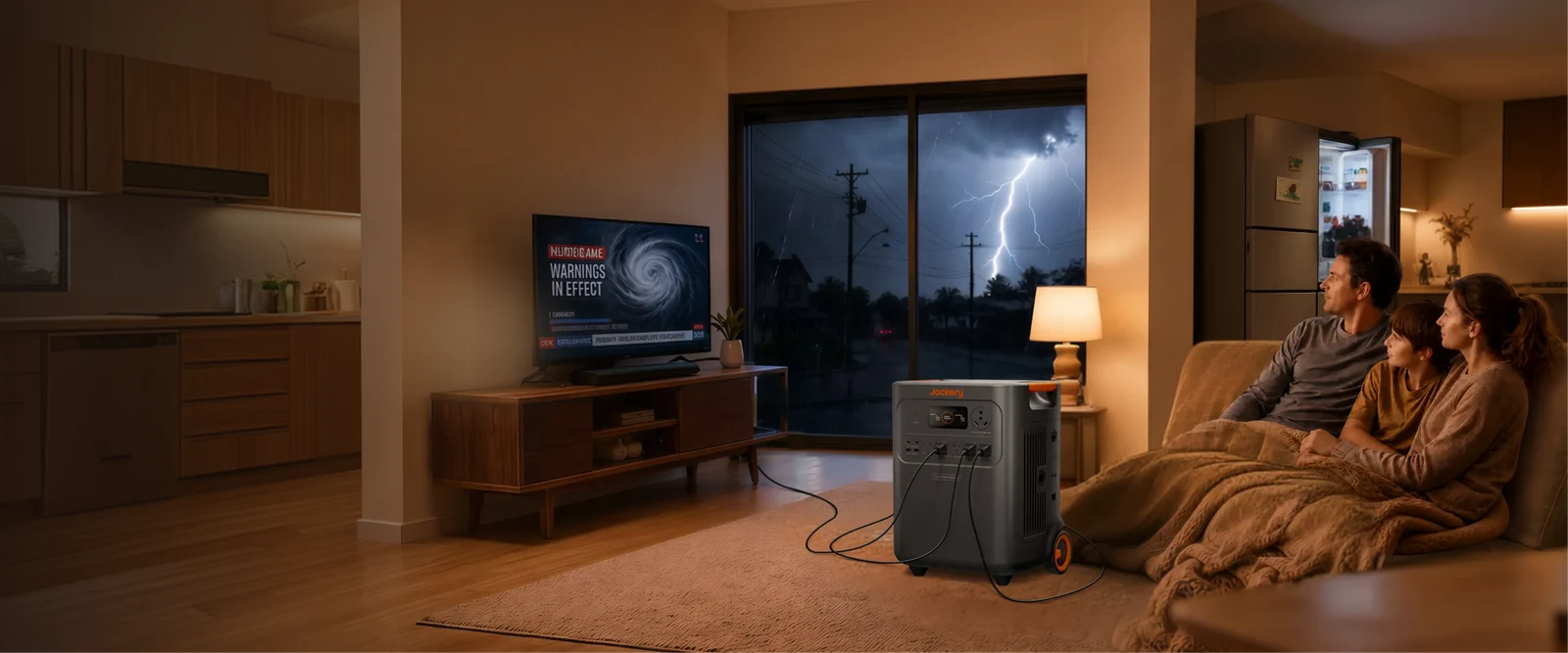 Official Jackery Canada campaign scene showing a portable power station in a family living room during stormy weather